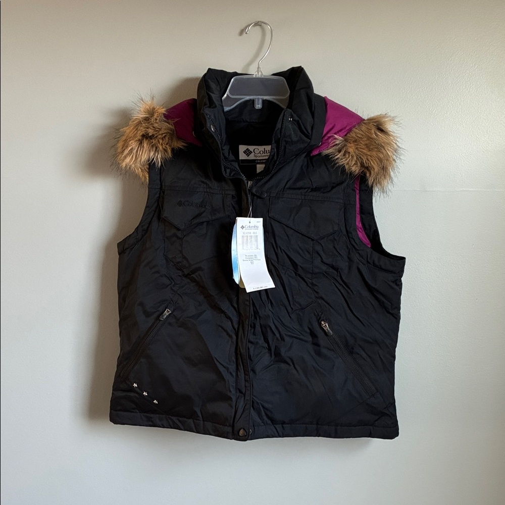 Columbia Black and Purple Vest with Faux Fur Trim